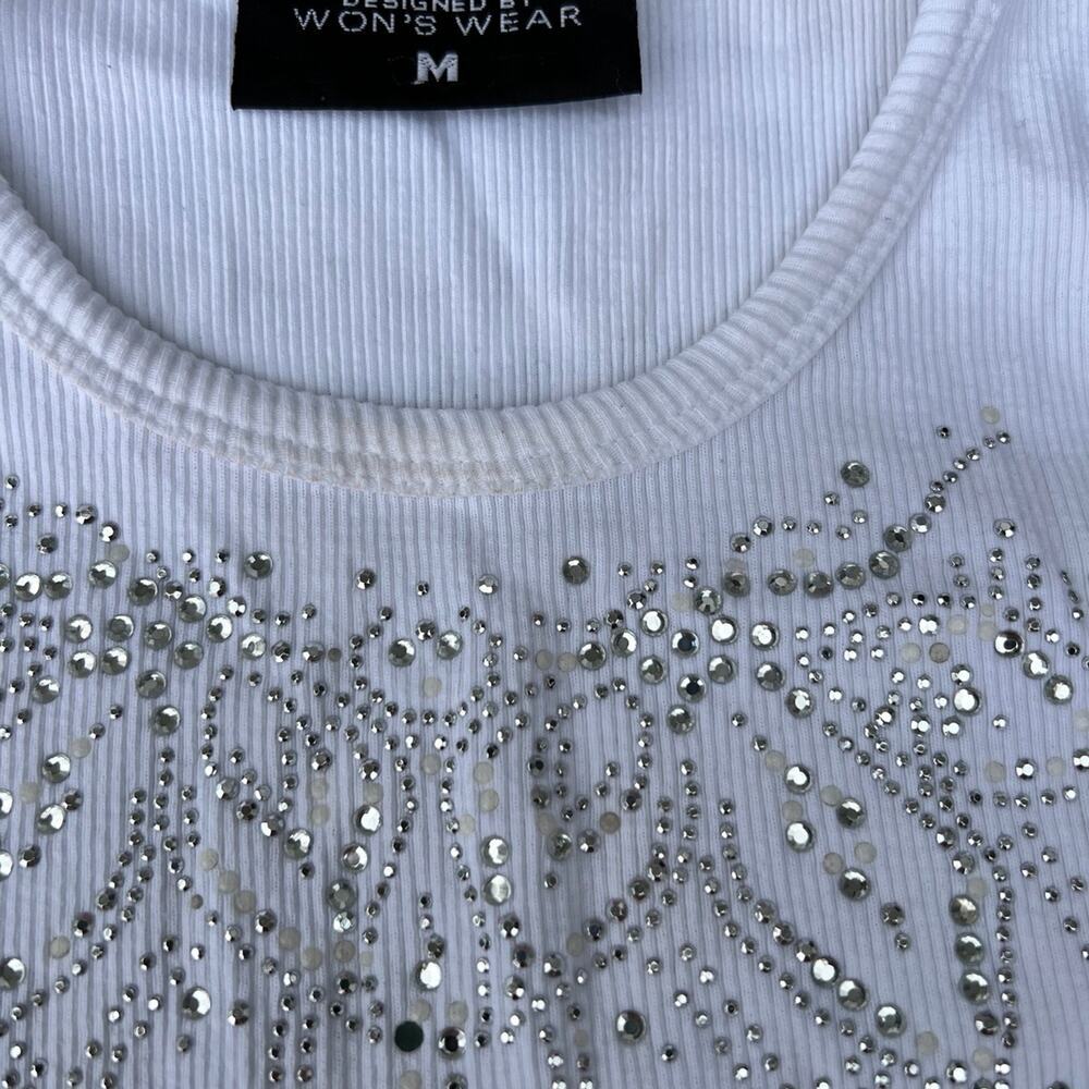 ACESS, white with beading, scoop neck ribbed tank top women's size M